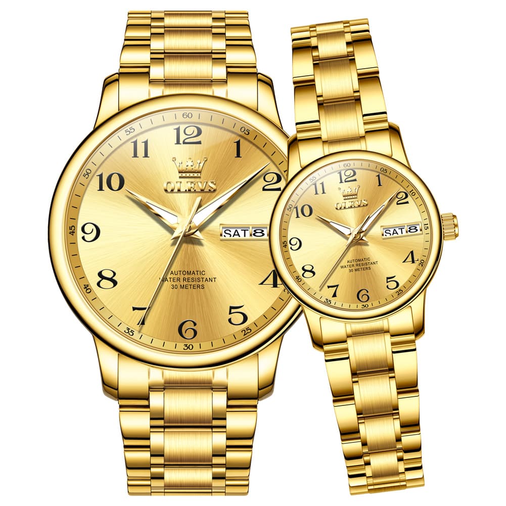 OLEVS 7072 Arabic Numeral Automatic Couples Watch Set - All Gold Watch | Olevs Watch Store