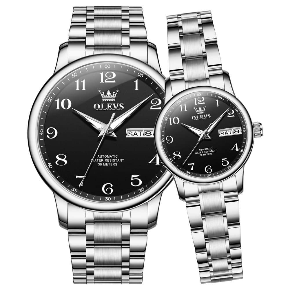 OLEVS 7072 Arabic Numeral Automatic Couples Watch Set - Silver Black Watch | Olevs Watch Store