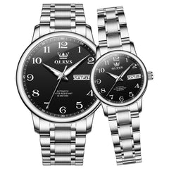 OLEVS 7072 Arabic Numeral Automatic Couples Watch Set - Silver Black Watch | Olevs Watch Store