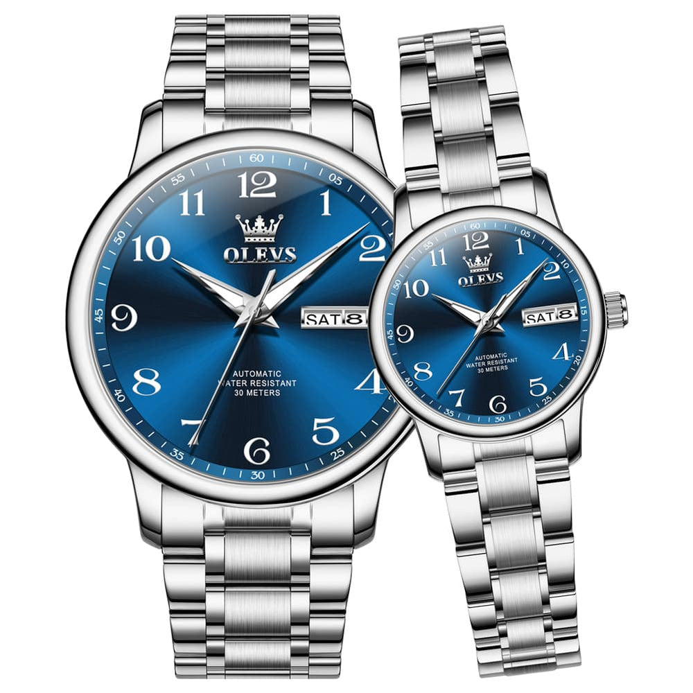 OLEVS 7072 Arabic Numeral Automatic Couples Watch Set - Silver Blue Watch | Olevs Watch Store