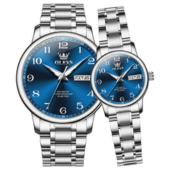 OLEVS 7072 Arabic Numeral Automatic Couples Watch Set - Silver Blue Watch | Olevs Watch Store