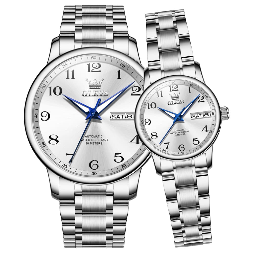 OLEVS 7072 Arabic Numeral Automatic Couples Watch Set - Silver White Watch | Olevs Watch Store