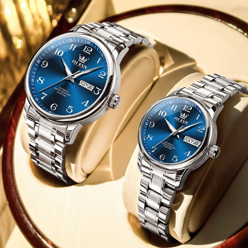 OLEVS 7072 Arabic Numeral Automatic Couples Watch Set - Two Tone Blue Watch | Olevs Watch Store