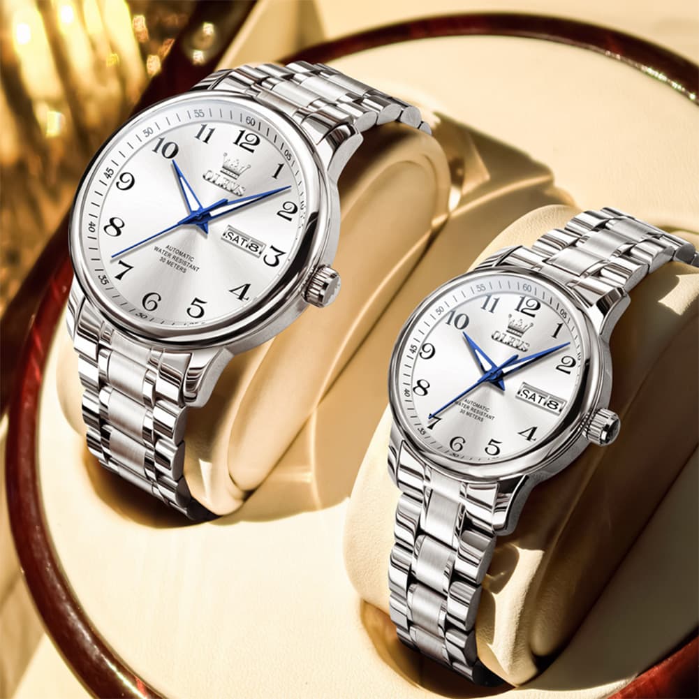 OLEVS 7072 Arabic Numeral Automatic Couples Watch Set - Two Tone Blue Watch | Olevs Watch Store