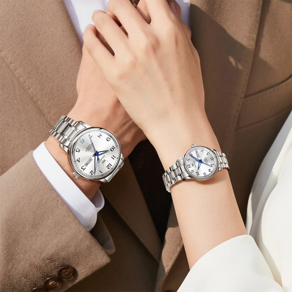 OLEVS 7072 Arabic Numeral Automatic Couples Watch Set - Two Tone Blue Watch | Olevs Watch Store