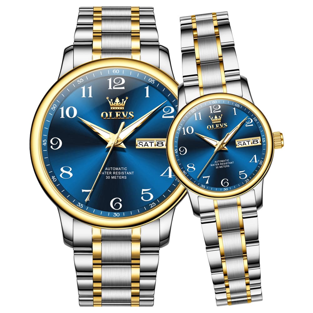 OLEVS 7072 Arabic Numeral Automatic Couples Watch Set - Two Tone Blue Watch | Olevs Watch Store