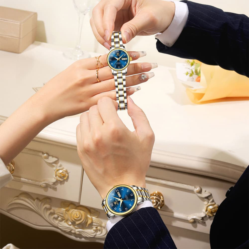 OLEVS 7072 Arabic Numeral Automatic Couples Watch Set - Two Tone Blue Watch | Olevs Watch Store