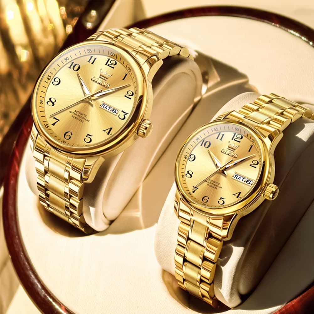 OLEVS 7072 Arabic Numeral Automatic Couples Watch Set - Two Tone Blue Watch | Olevs Watch Store