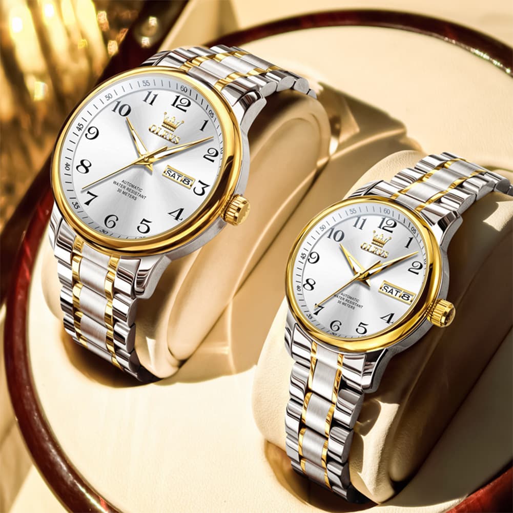 OLEVS 7072 Arabic Numeral Automatic Couples Watch Set - Two Tone Blue Watch | Olevs Watch Store