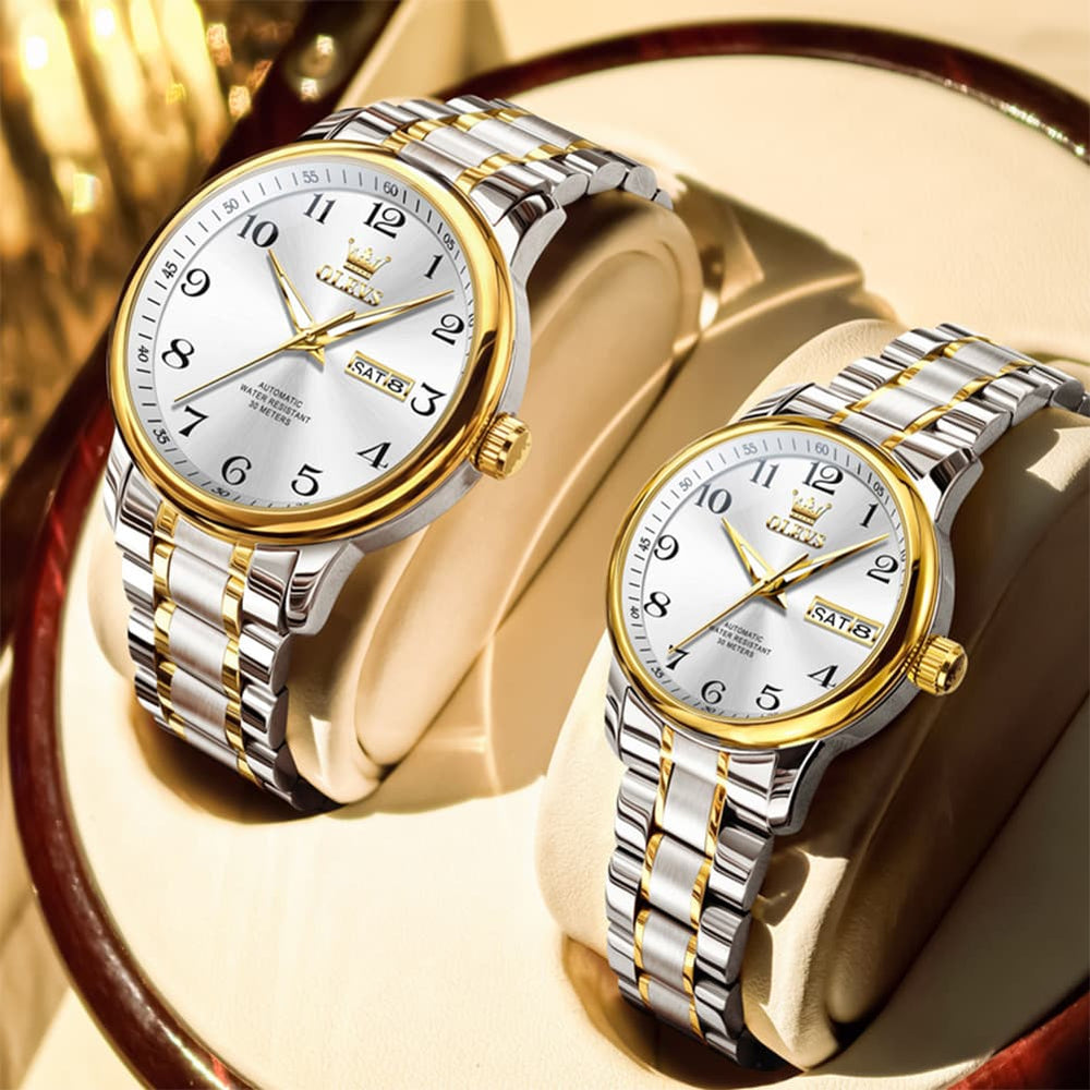 OLEVS 7072 Arabic Numeral Automatic Couples Watch Set - Two Tone Blue Watch | Olevs Watch Store