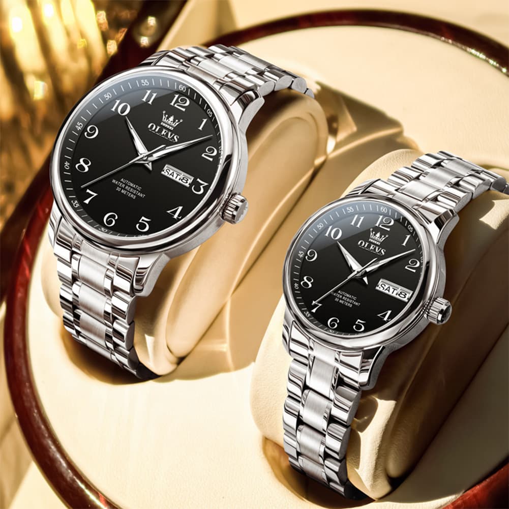 OLEVS 7072 Arabic Numeral Automatic Couples Watch Set - Two Tone Blue Watch | Olevs Watch Store