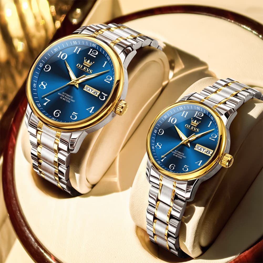 OLEVS 7072 Arabic Numeral Automatic Couples Watch Set - Two Tone Blue Watch | Olevs Watch Store