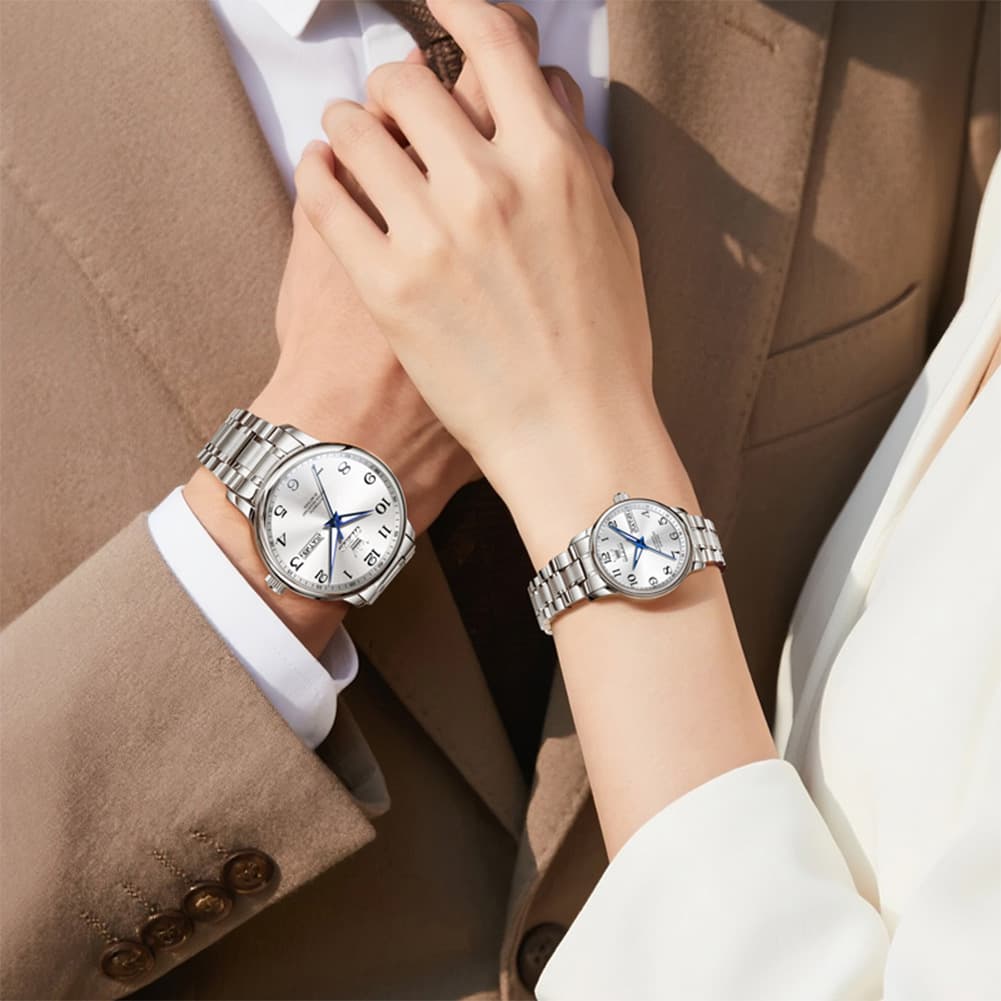 OLEVS 7072 Arabic Numeral Automatic Couples Watch Set - Two Tone Blue Watch | Olevs Watch Store