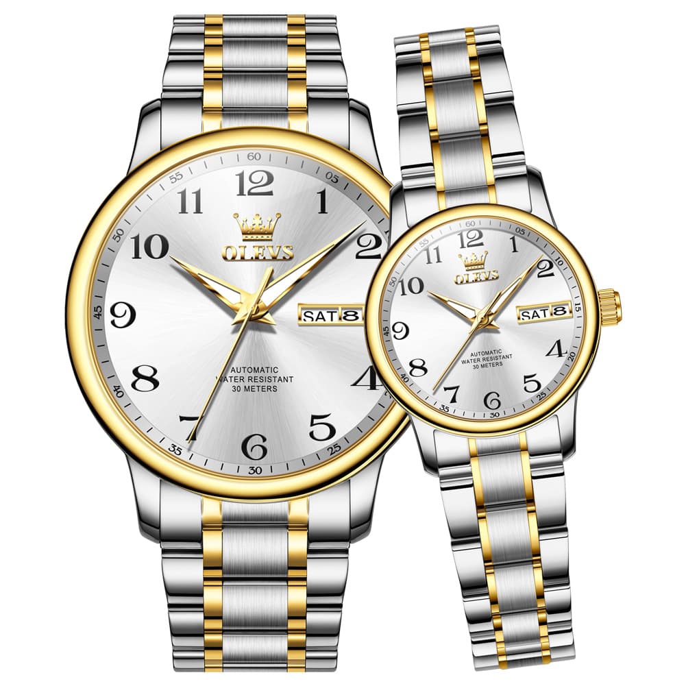 OLEVS 7072 Arabic Numeral Automatic Couples Watch Set - Two Tone White Watch | Olevs Watch Store