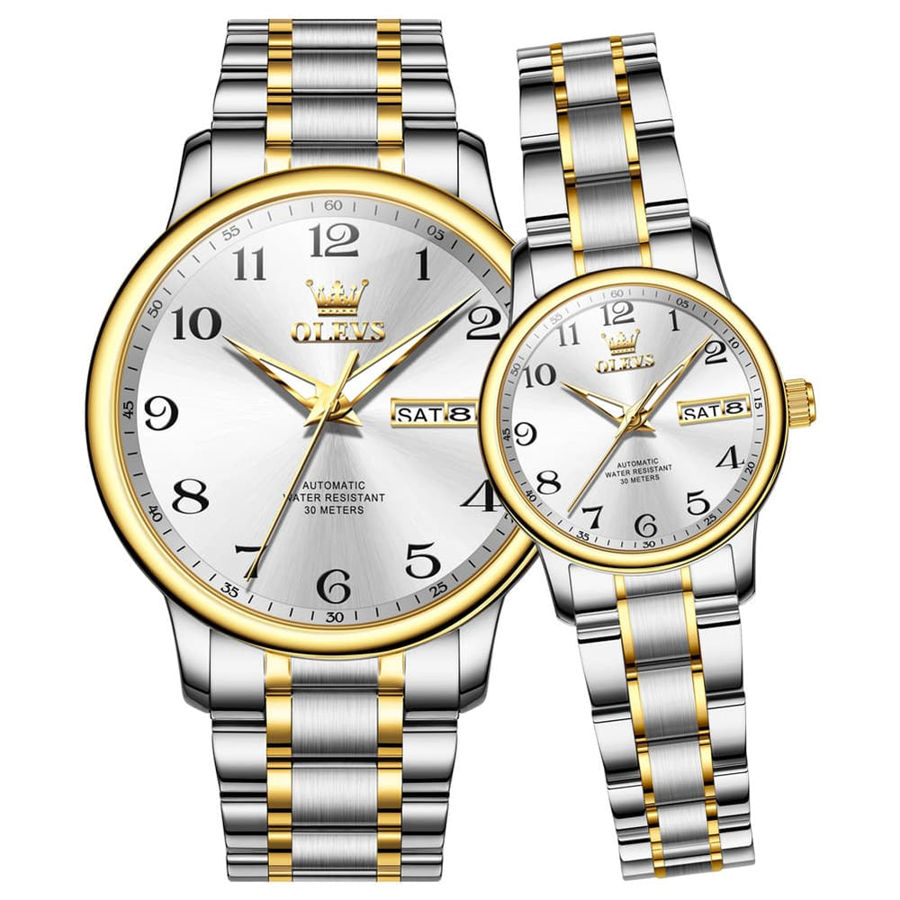 OLEVS 7072 Arabic Numeral Automatic Couples Watch Set - Two Tone White Watch | Olevs Watch Store