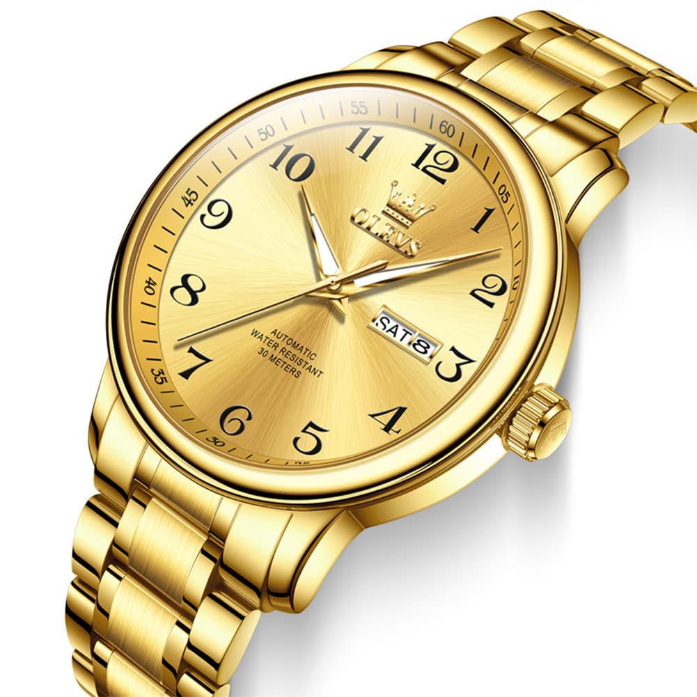 OLEVS 7072 Arabic Numeral Dual Calendar Automatic Watch For Men - All Gold Watch | Olevs Watch Store
