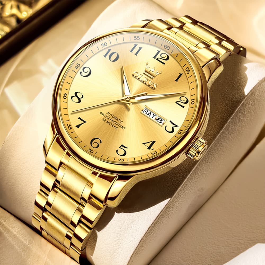 OLEVS 7072 Arabic Numeral Dual Calendar Automatic Watch For Men - All Gold Watch | Olevs Watch Store