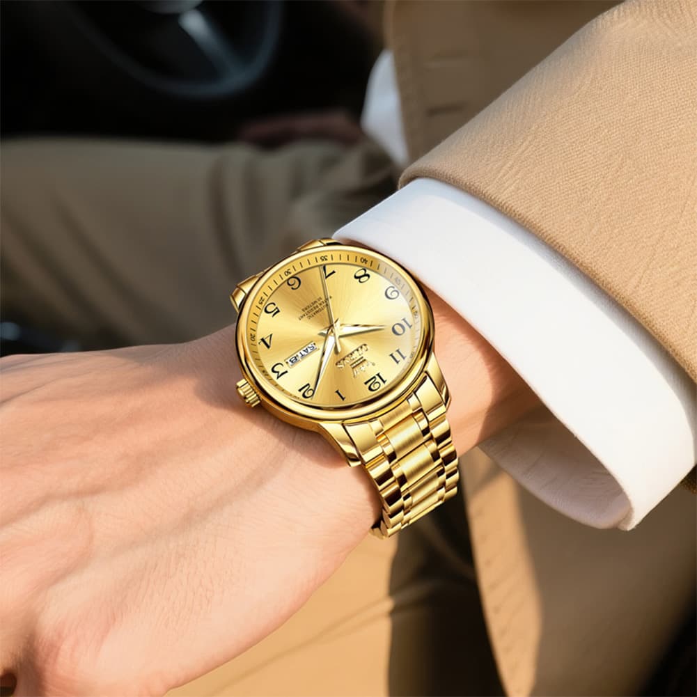 OLEVS 7072 Arabic Numeral Dual Calendar Automatic Watch For Men - All Gold Watch | Olevs Watch Store
