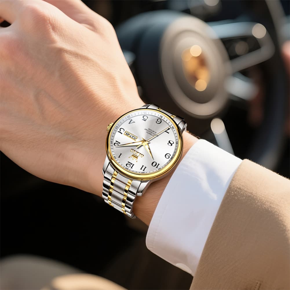 OLEVS 7072 Arabic Numeral Dual Calendar Automatic Watch For Men - All Gold Watch | Olevs Watch Store
