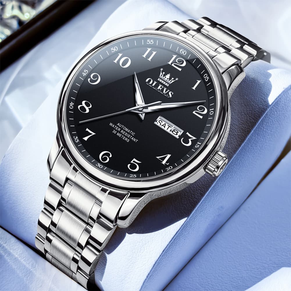 OLEVS 7072 Arabic Numeral Dual Calendar Automatic Watch For Men - Silver Black Watch | Olevs Watch Store