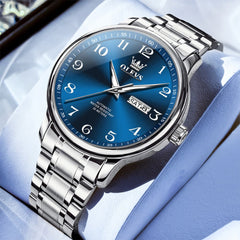 OLEVS 7072 Arabic Numeral Dual Calendar Automatic Watch For Men - Silver Blue Watch | Olevs Watch Store