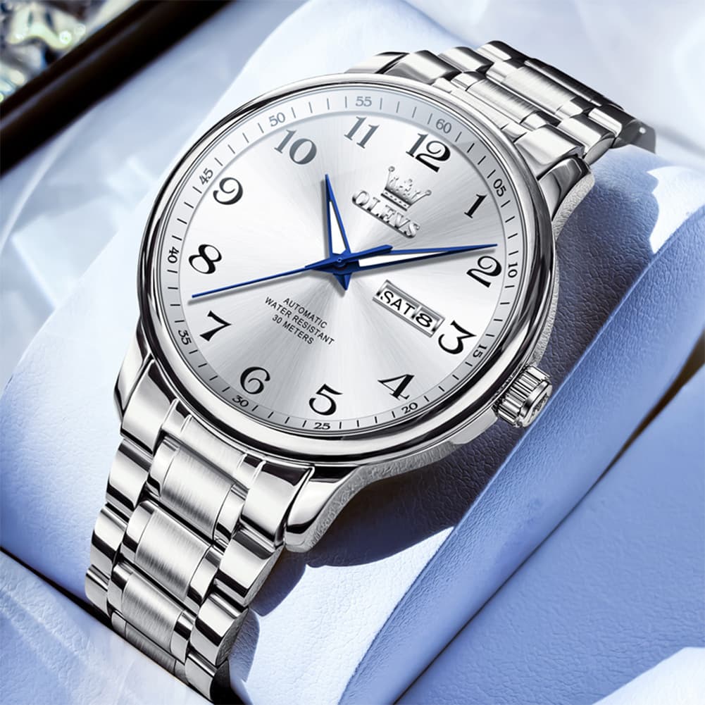 OLEVS 7072 Arabic Numeral Dual Calendar Automatic Watch For Men - Silver White Watch | Olevs Watch Store