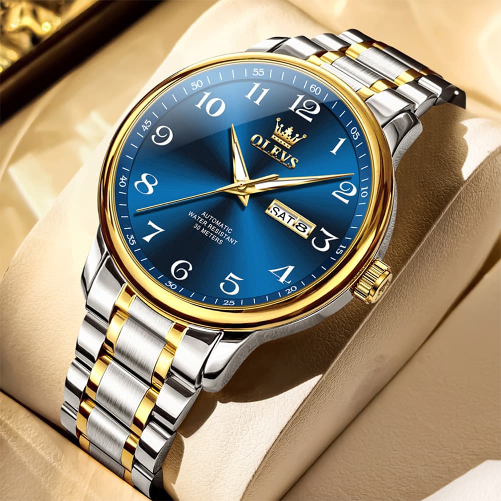 OLEVS 7072 Arabic Numeral Dual Calendar Automatic Watch For Men - Two Tone Blue Watch | Olevs Watch Store