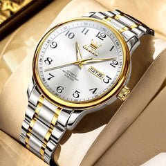OLEVS 7072 Arabic Numeral Dual Calendar Automatic Watch For Men - Two Tone White Watch | Olevs Watch Store