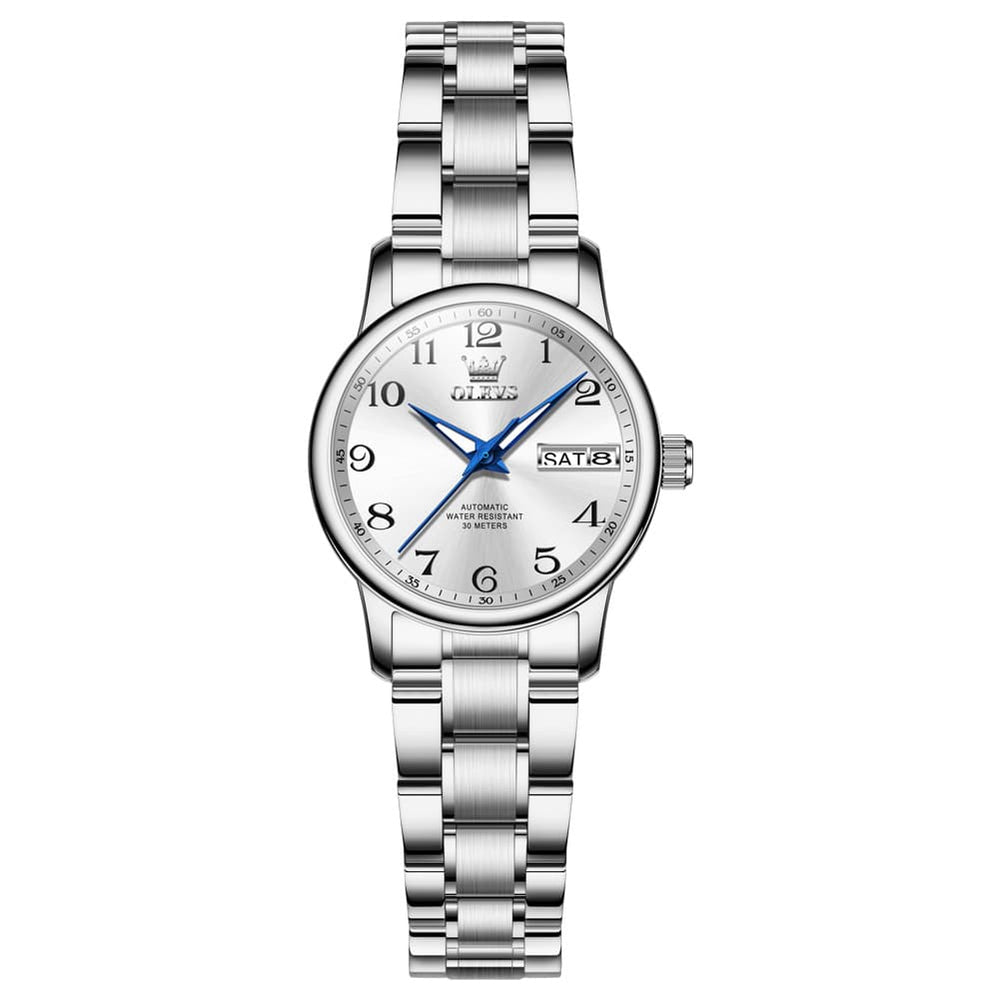OLEVS 7072 Arabic Numeral Dual Calendar Automatic Watch For Women - Silver White Watch | Olevs Watch Store