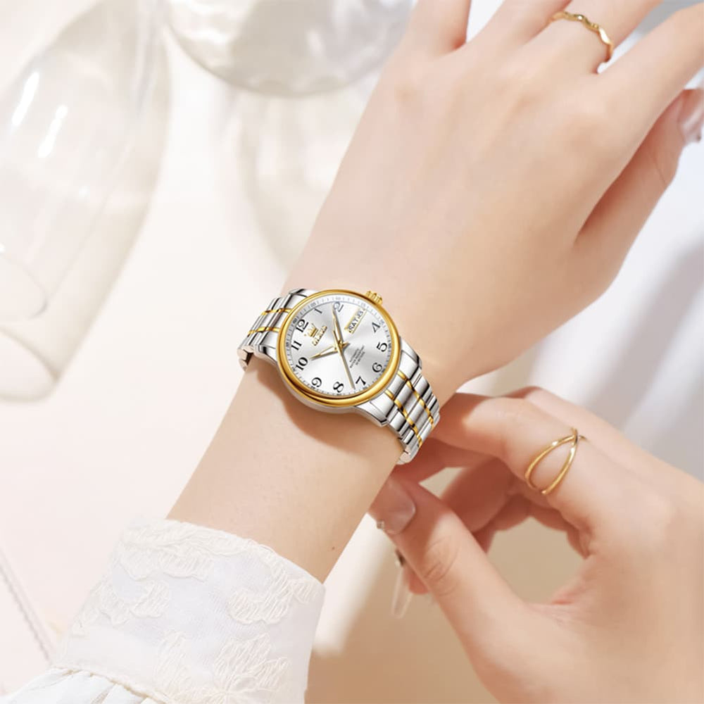 OLEVS 7072 Arabic Numeral Dual Calendar Automatic Watch For Women - Silver White Watch | Olevs Watch Store