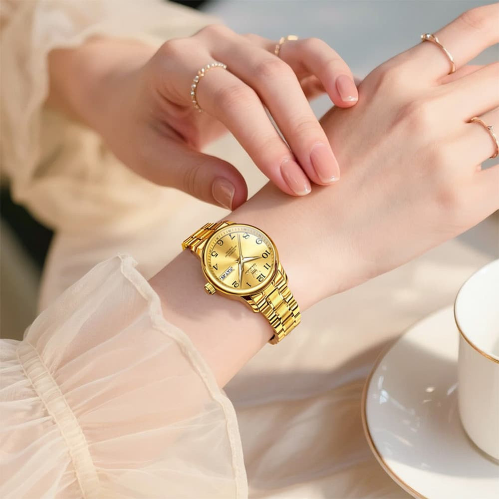 OLEVS 7072 Arabic Numeral Dual Calendar Automatic Watch For Women - Silver White Watch | Olevs Watch Store