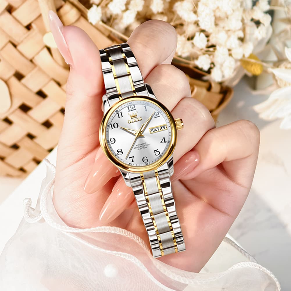 OLEVS 7072 Arabic Numeral Dual Calendar Automatic Watch For Women - All Gold Watch | Olevs Watch Store