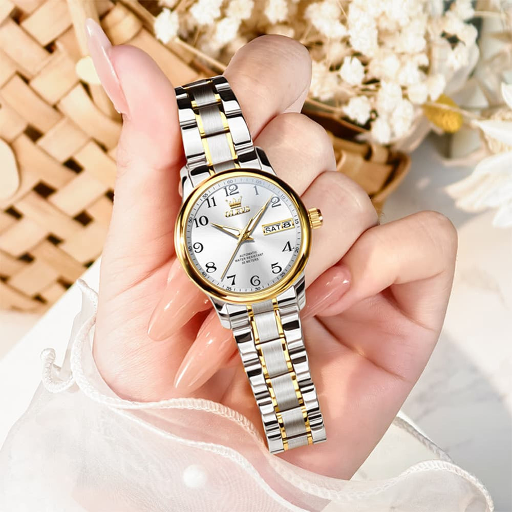 OLEVS 7072 Arabic Numeral Dual Calendar Automatic Watch For Women - All Gold Watch | Olevs Watch Store