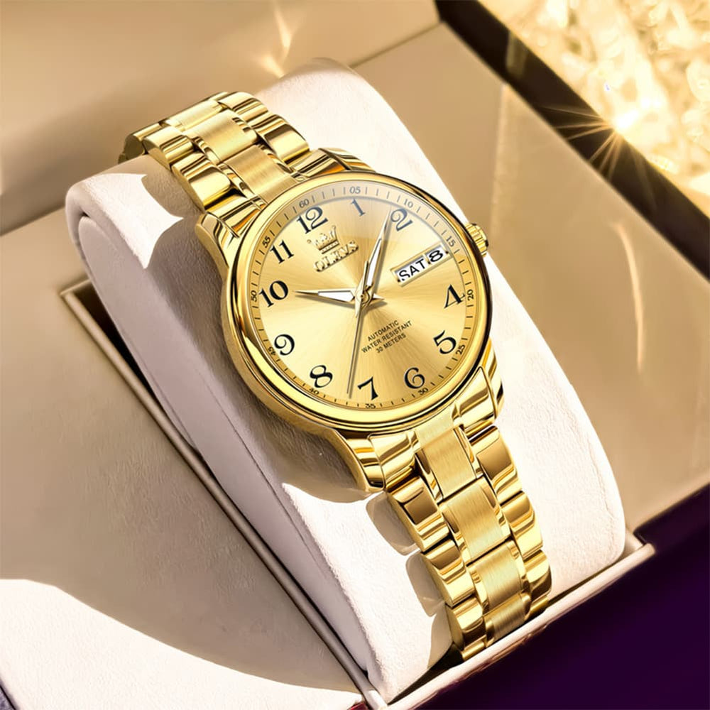 OLEVS 7072 Arabic Numeral Dual Calendar Automatic Watch For Women - All Gold Watch | Olevs Watch Store