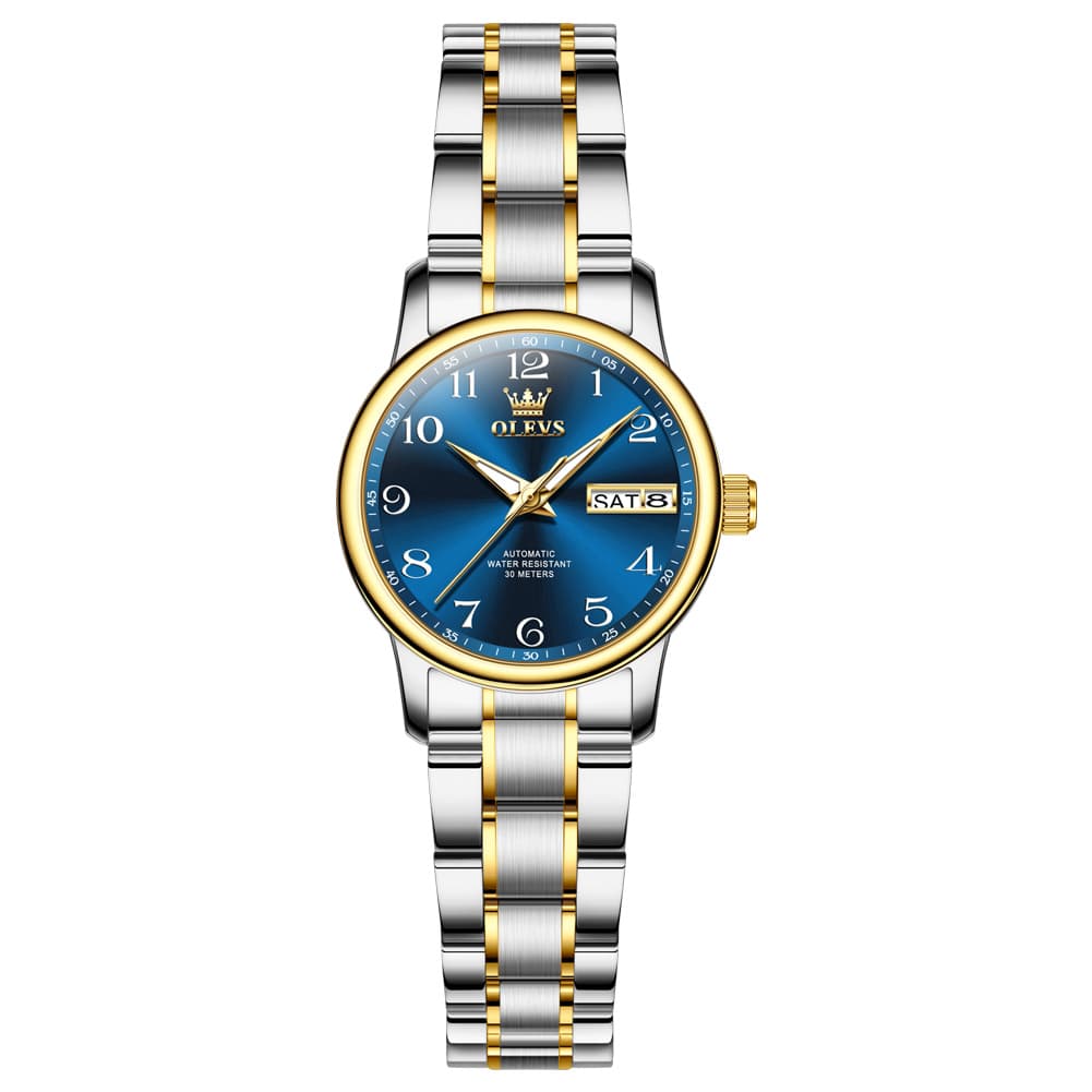 OLEVS 7072 Arabic Numeral Dual Calendar Automatic Watch For Women - Silver White Watch | Olevs Watch Store