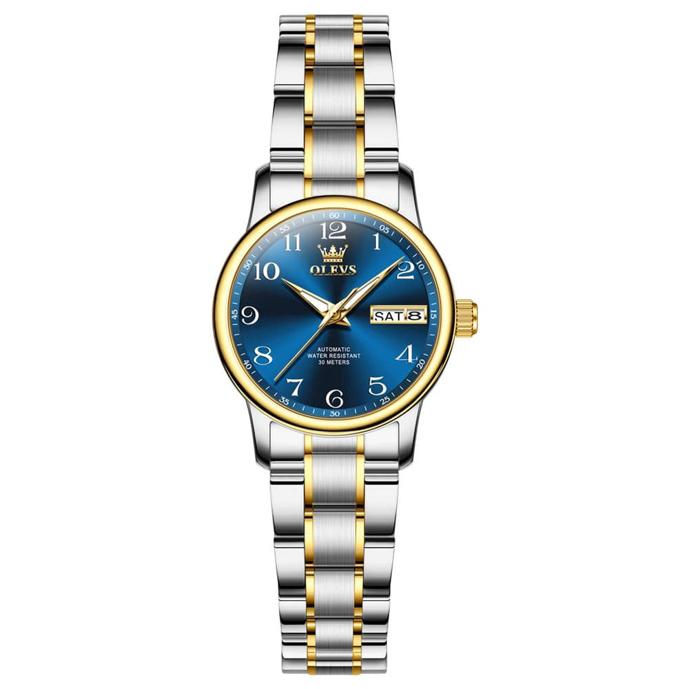 OLEVS 7072 Arabic Numeral Dual Calendar Automatic Watch For Women - Silver White Watch | Olevs Watch Store