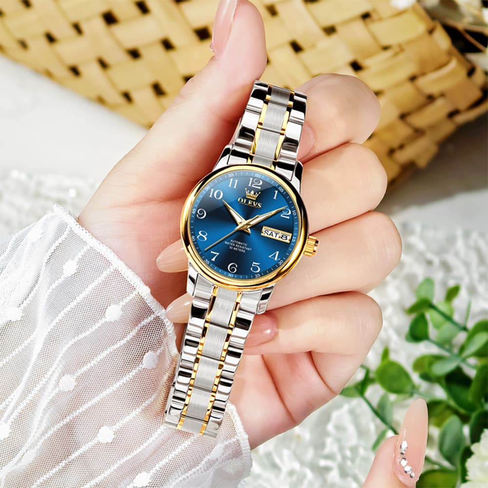 OLEVS 7072 Arabic Numeral Dual Calendar Automatic Watch For Women - All Gold Watch | Olevs Watch Store