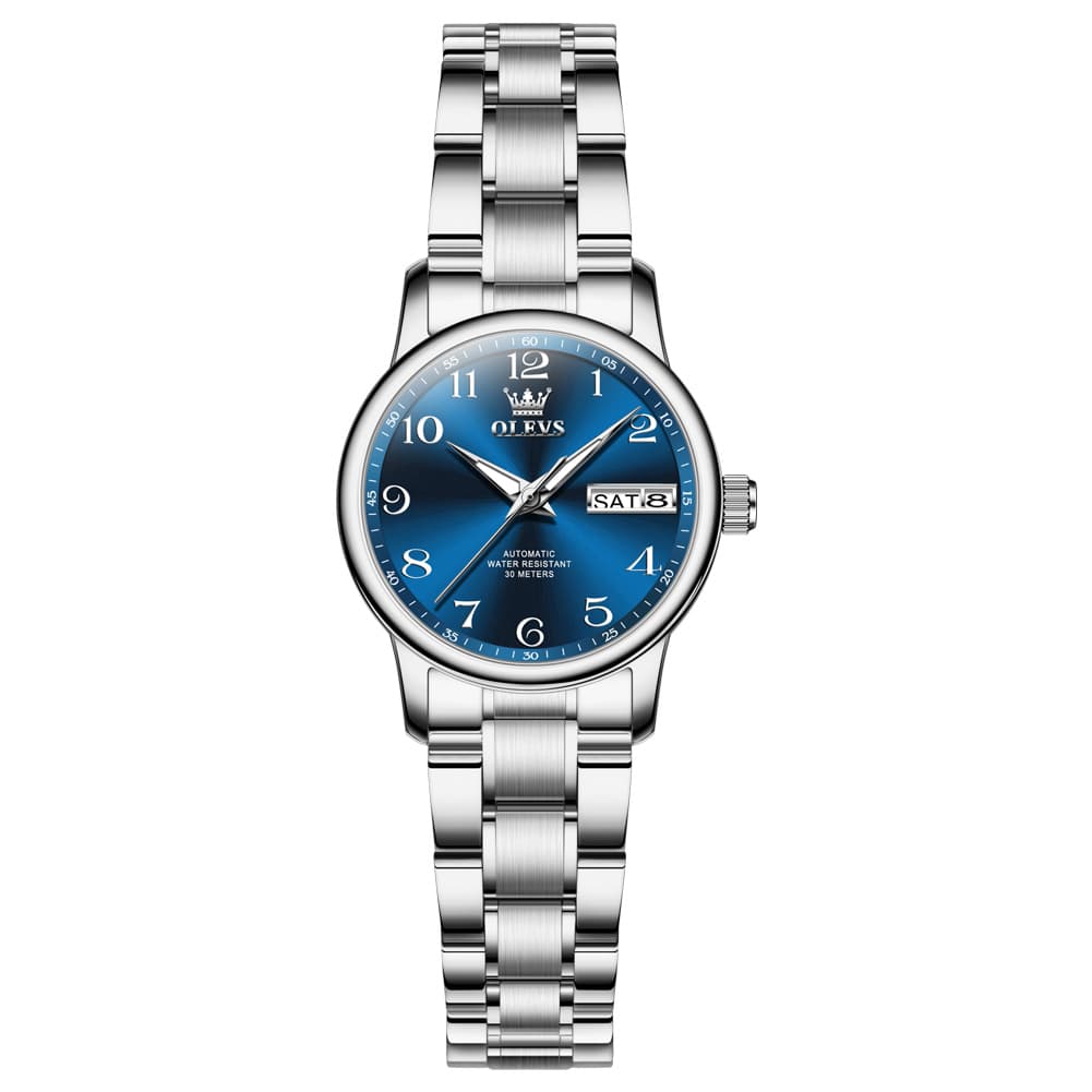 OLEVS 7072 Arabic Numeral Dual Calendar Automatic Watch For Women - Silver White Watch | Olevs Watch Store