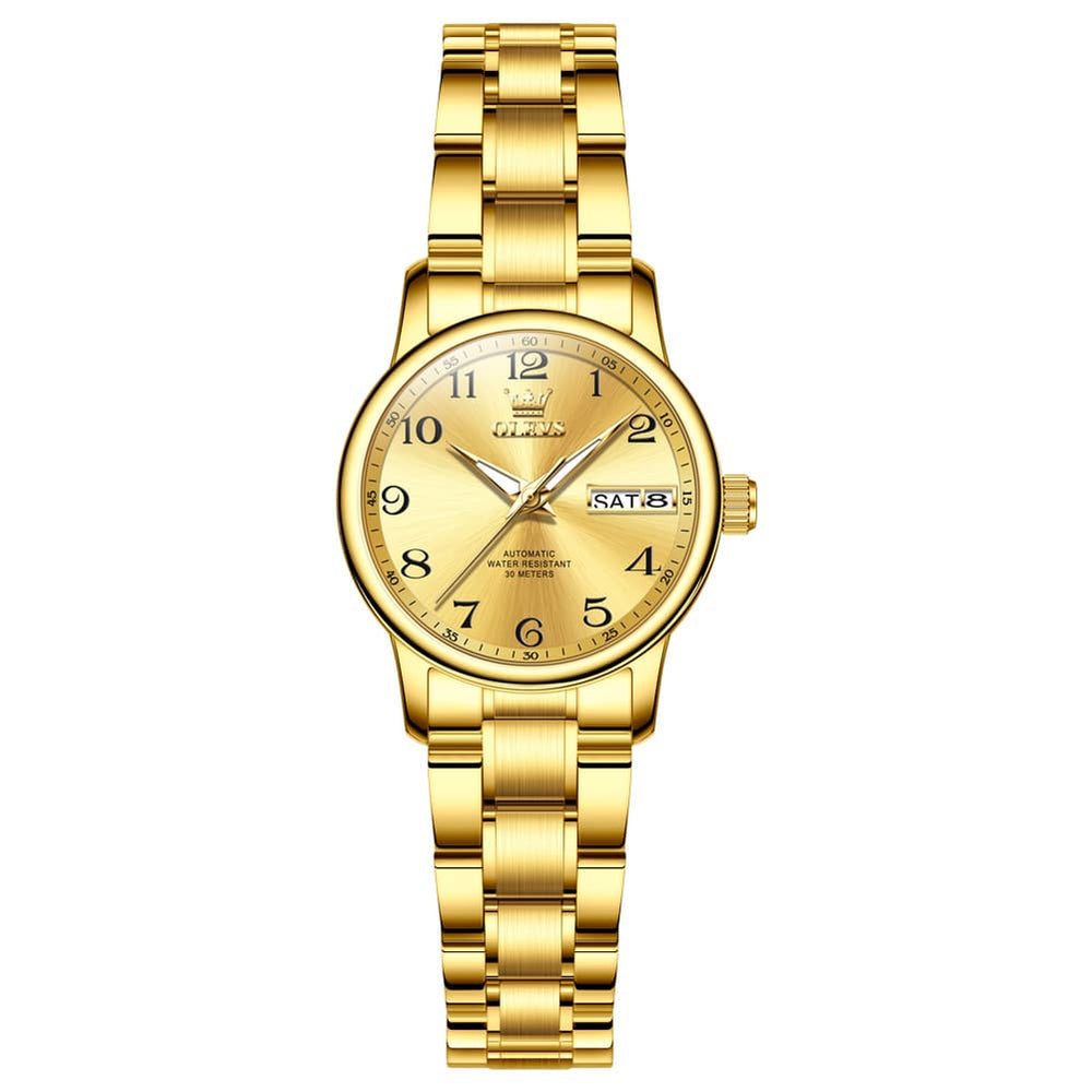 OLEVS 7072 Arabic Numeral Dual Calendar Automatic Watch For Women - Silver White Watch | Olevs Watch Store