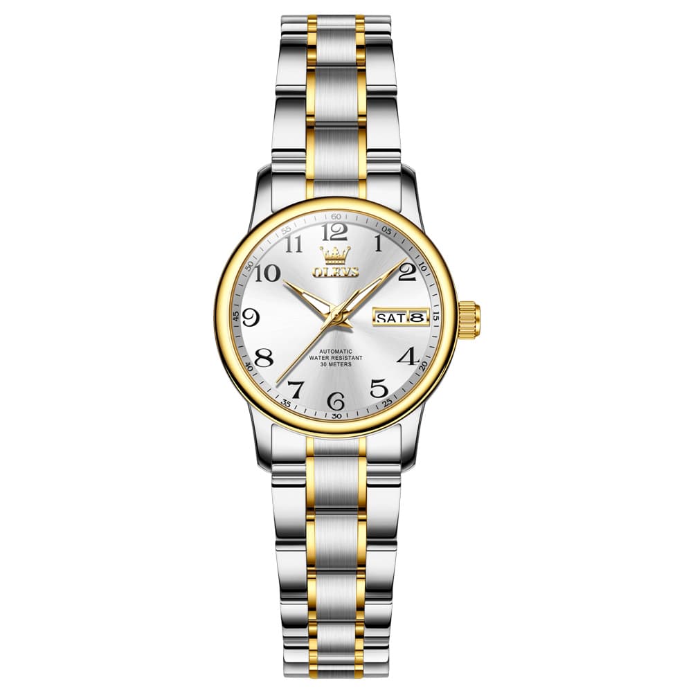 OLEVS 7072 Arabic Numeral Dual Calendar Automatic Watch For Women - Silver White Watch | Olevs Watch Store