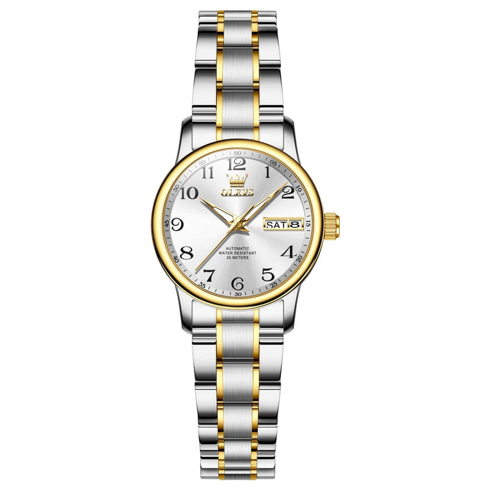 OLEVS 7072 Arabic Numeral Dual Calendar Automatic Watch For Women - Silver White Watch | Olevs Watch Store