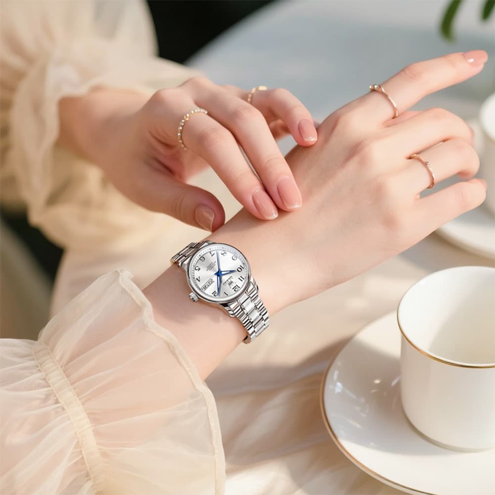 OLEVS 7072 Arabic Numeral Dual Calendar Automatic Watch For Women - Silver White Watch | Olevs Watch Store