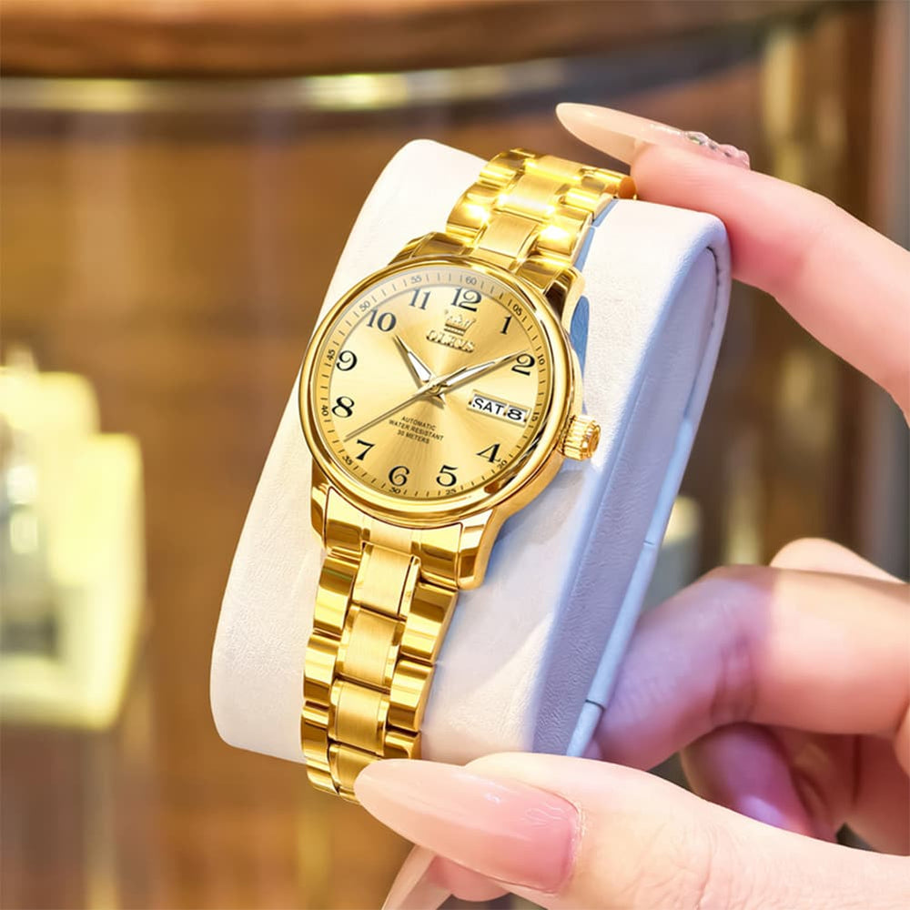 OLEVS 7072 Arabic Numeral Dual Calendar Automatic Watch For Women - All Gold Watch | Olevs Watch Store