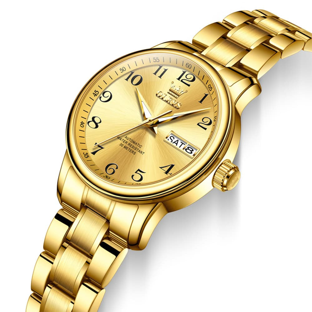 OLEVS 7072 Arabic Numeral Dual Calendar Automatic Watch For Women - All Gold Watch | Olevs Watch Store
