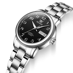 OLEVS 7072 Arabic Numeral Dual Calendar Automatic Watch For Women - Silver Black Watch | Olevs Watch Store