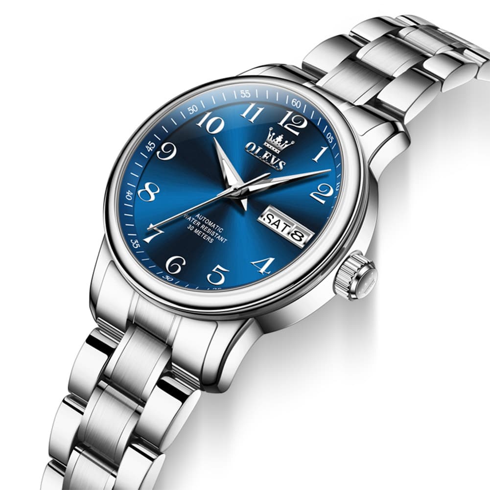 OLEVS 7072 Arabic Numeral Dual Calendar Automatic Watch For Women - Silver Blue Watch | Olevs Watch Store