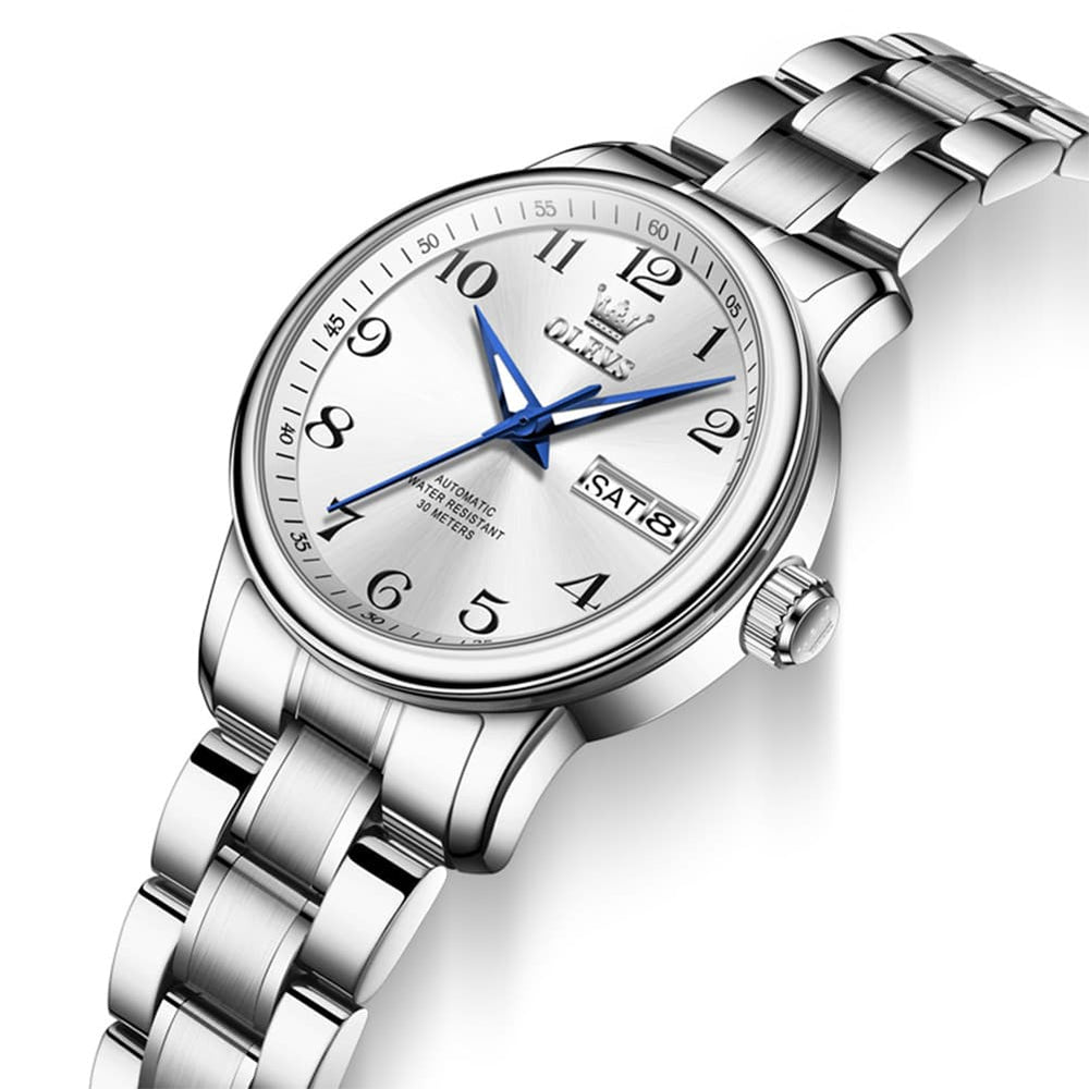 OLEVS 7072 Arabic Numeral Dual Calendar Automatic Watch For Women - Silver White Watch | Olevs Watch Store