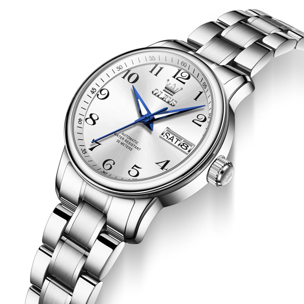 OLEVS 7072 Arabic Numeral Dual Calendar Automatic Watch For Women - Silver White Watch | Olevs Watch Store