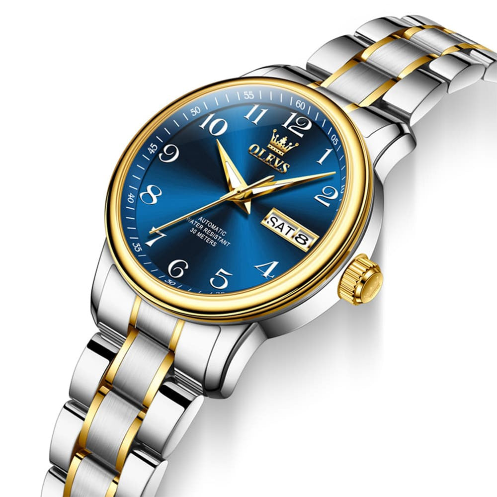 OLEVS 7072 Arabic Numeral Dual Calendar Automatic Watch For Women - Two Tone Blue Watch | Olevs Watch Store