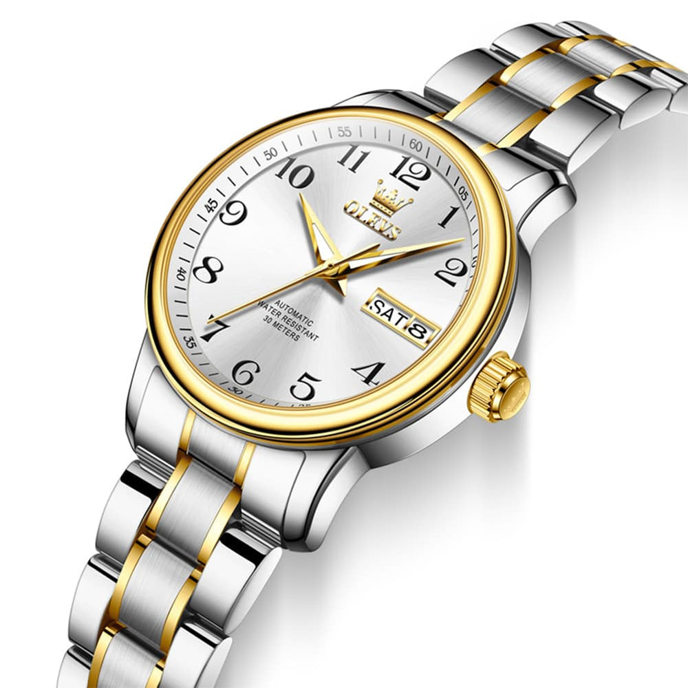 OLEVS 7072 Arabic Numeral Dual Calendar Automatic Watch For Women - Two Tone White Watch | Olevs Watch Store